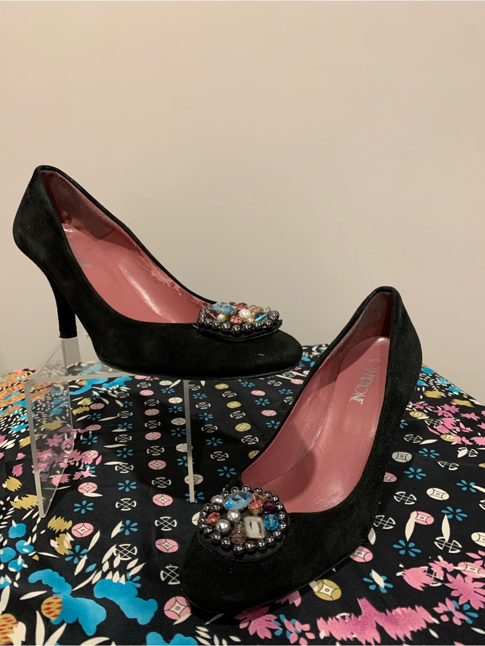 Vintage Suede Jeweled Mid-Heel Pumps